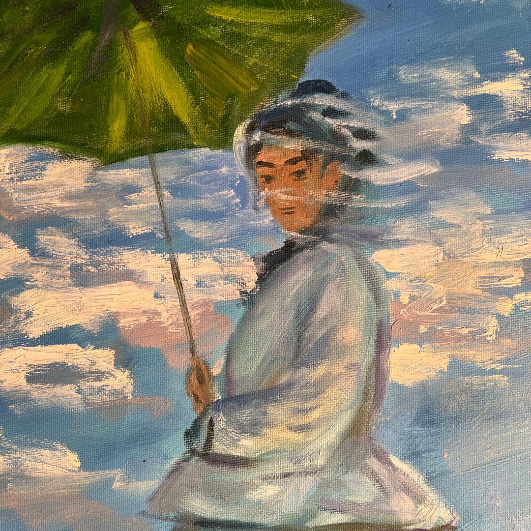 手書き油絵 クロード・モネ 日傘をさす人 額付 絵画 インテリア 油彩画