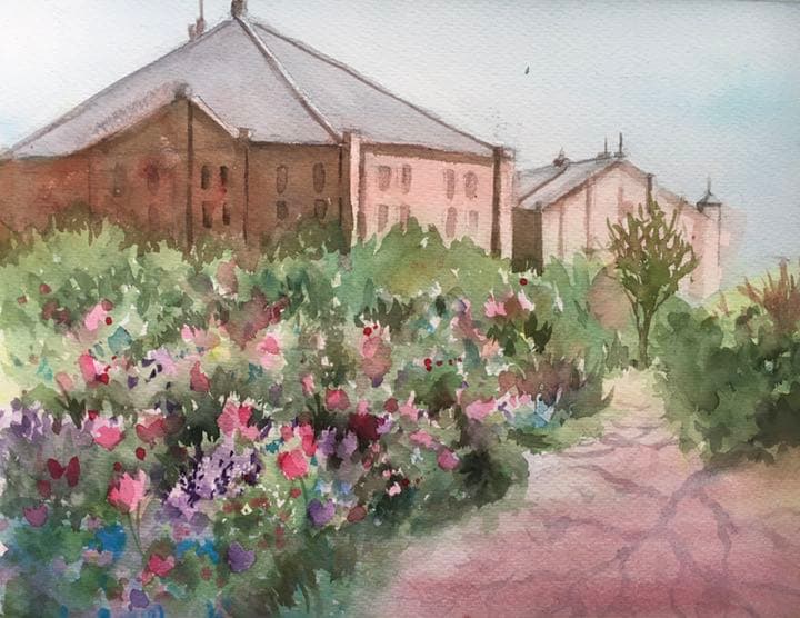 水彩画原画花咲く横浜赤煉瓦の道 絵画 横浜 赤レンガ倉庫: 塗り絵で癒し 風景画 花の絵