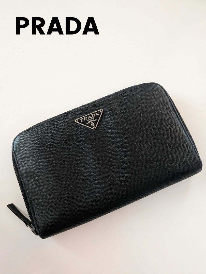 【美品】PRADA プラダ ラウンドファスナー サフィアーノレザー レザー