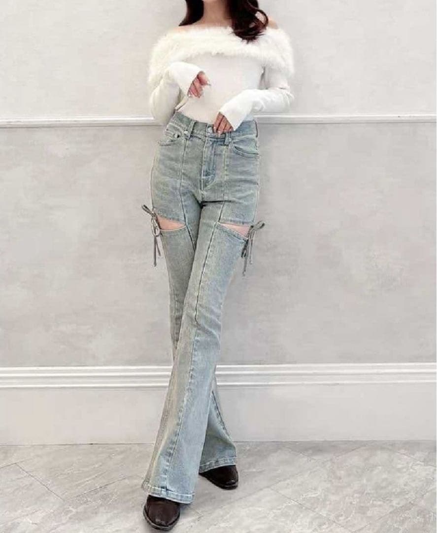 RESEXXY カットアウトリボンデニムパンツ　アイスブルー xs