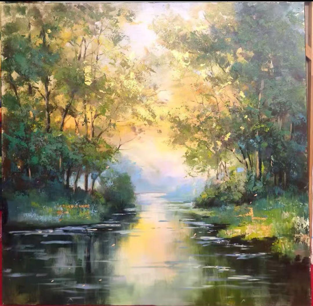油彩風景画 自然の川と森林z