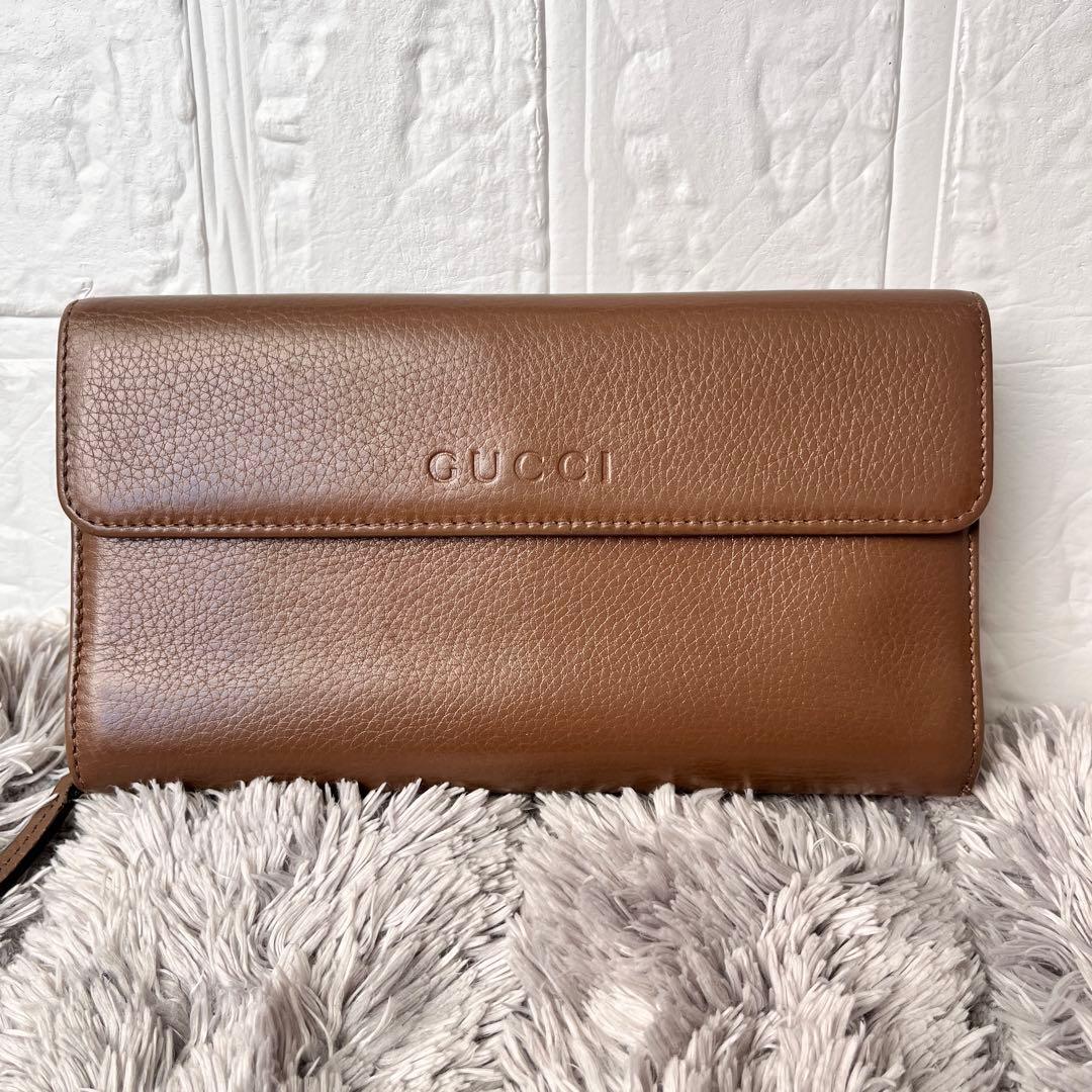 GUCCI 大容量　長財布　ラウンドファスナー　シボレザー　ブラウン　メンズ