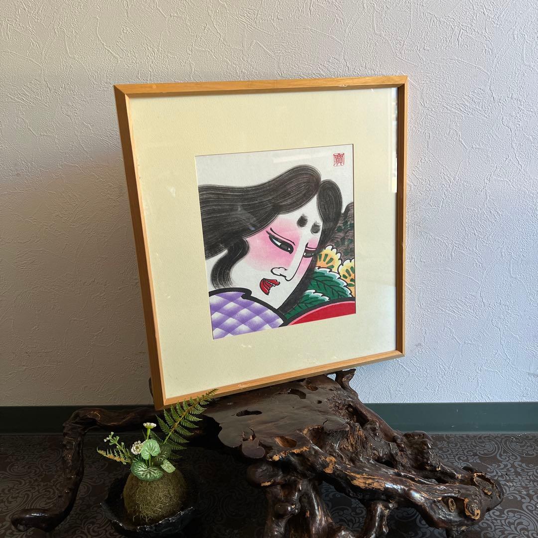 k582 力強い津軽の色紙絵「神功皇后」額縁入り 津軽凧絵 ねぶた絵