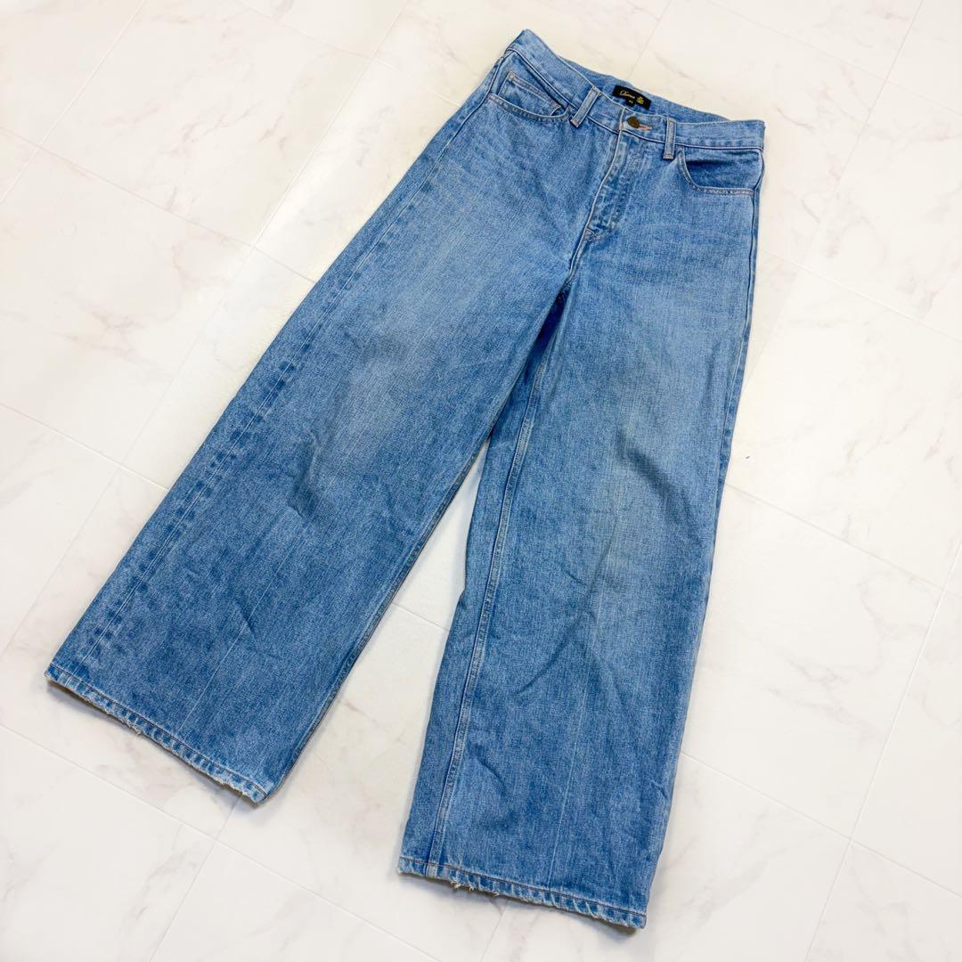 ドゥロワー　ワイドデニムパンツ　日本製　34 セルビッチ　ロゴ刺繍　青　ジーパン
