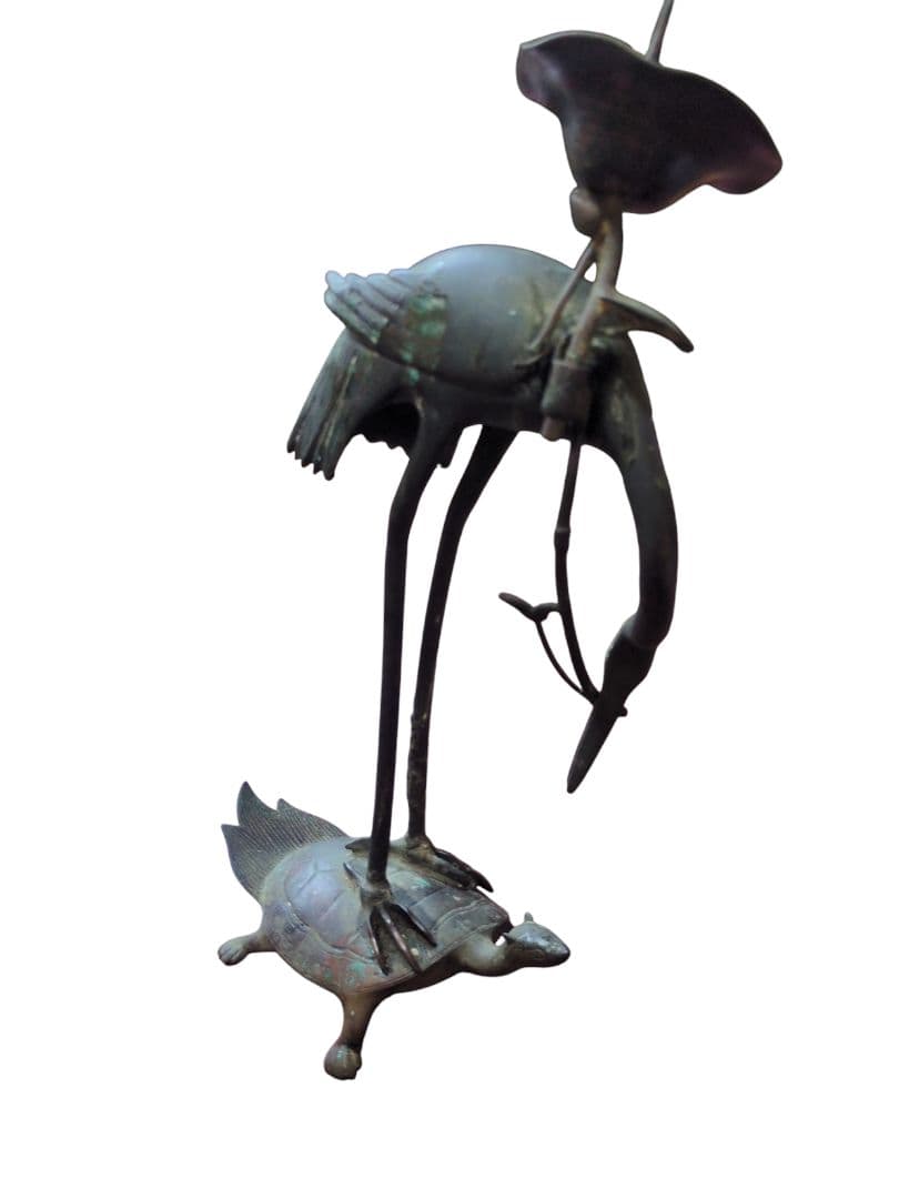 ブロンズ製 鶴と亀の彫刻　和ロウソク立て