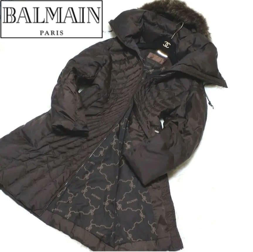 BALMAIN Lサイズ ダウンコート リアルファー 大きいサイズ フード 茶
