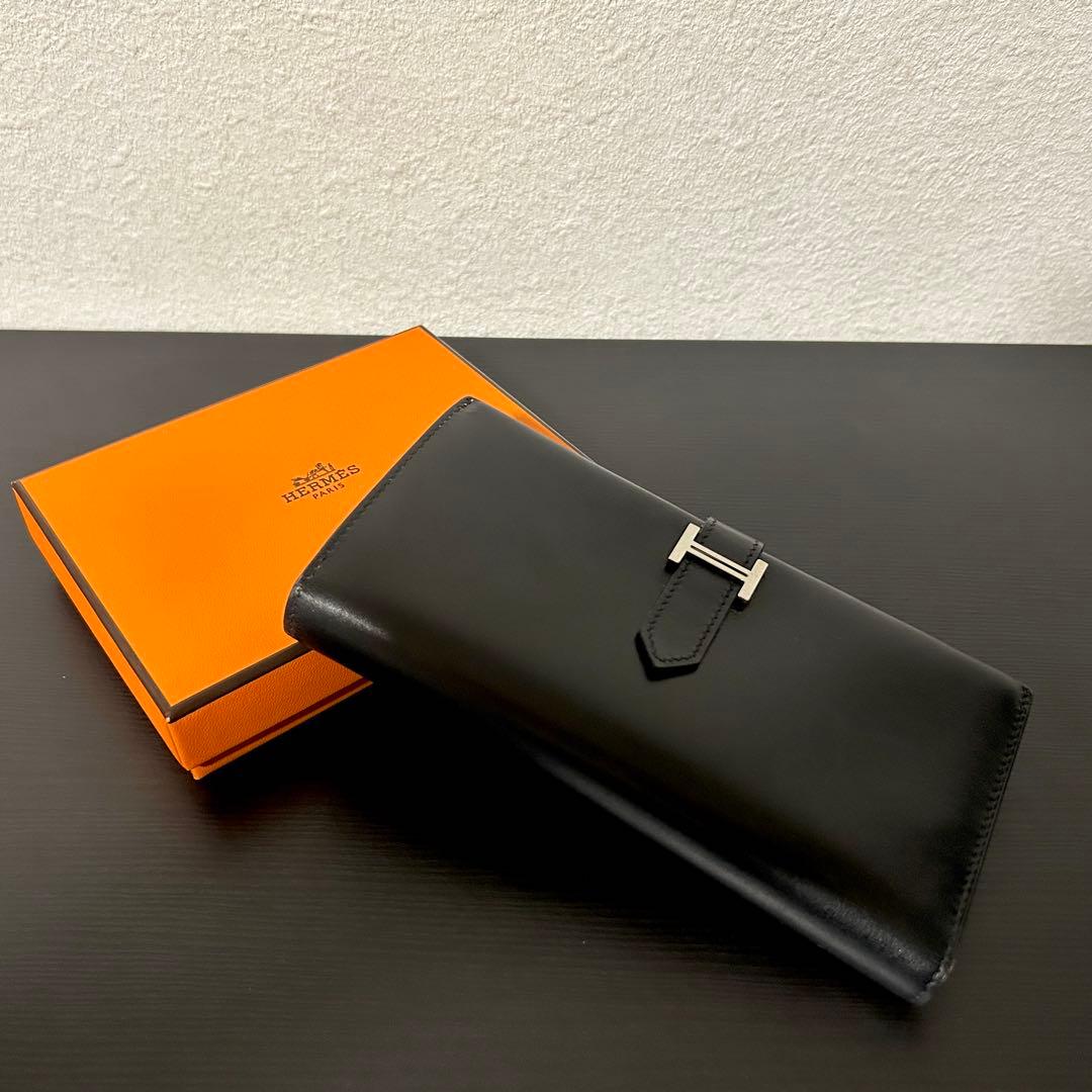 美品 HERMES エルメス ベアンスフレ ボックスカーフ 長財布 メンズ