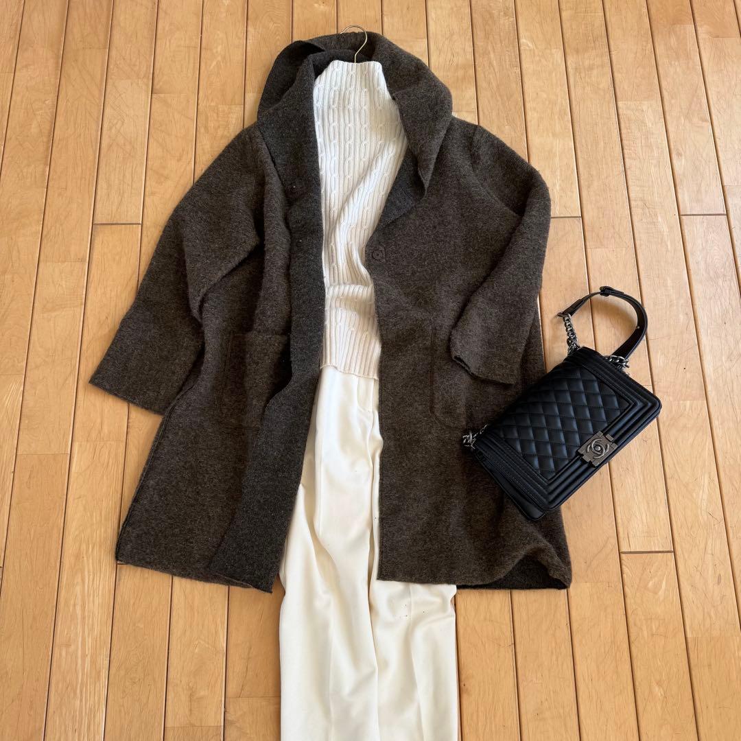 イタリア製　モヘアニットリバーコート　フーディー