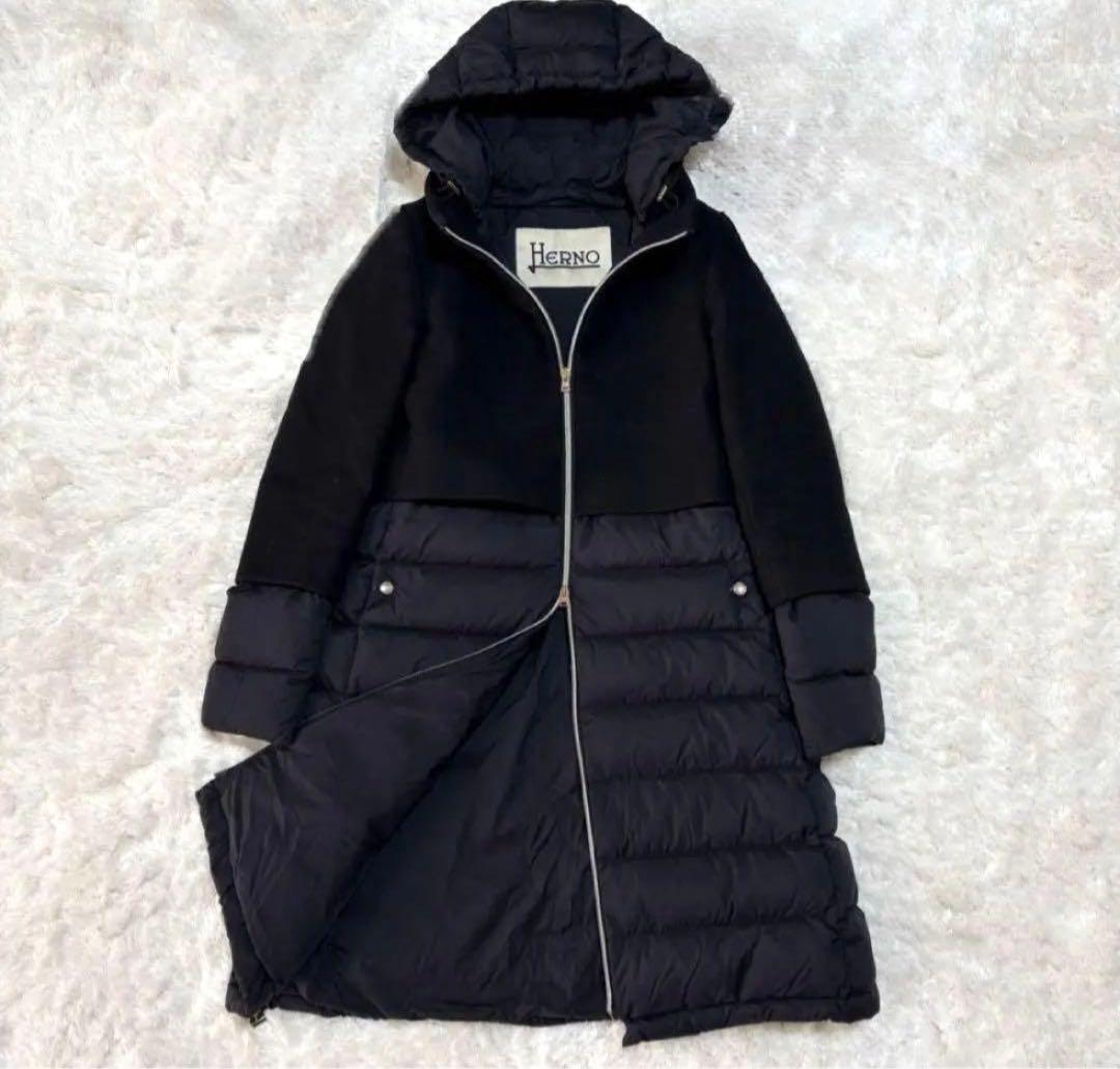 ヘルノ カシミア切り替え ダウンコート ジップアップ 異素材 黒 40