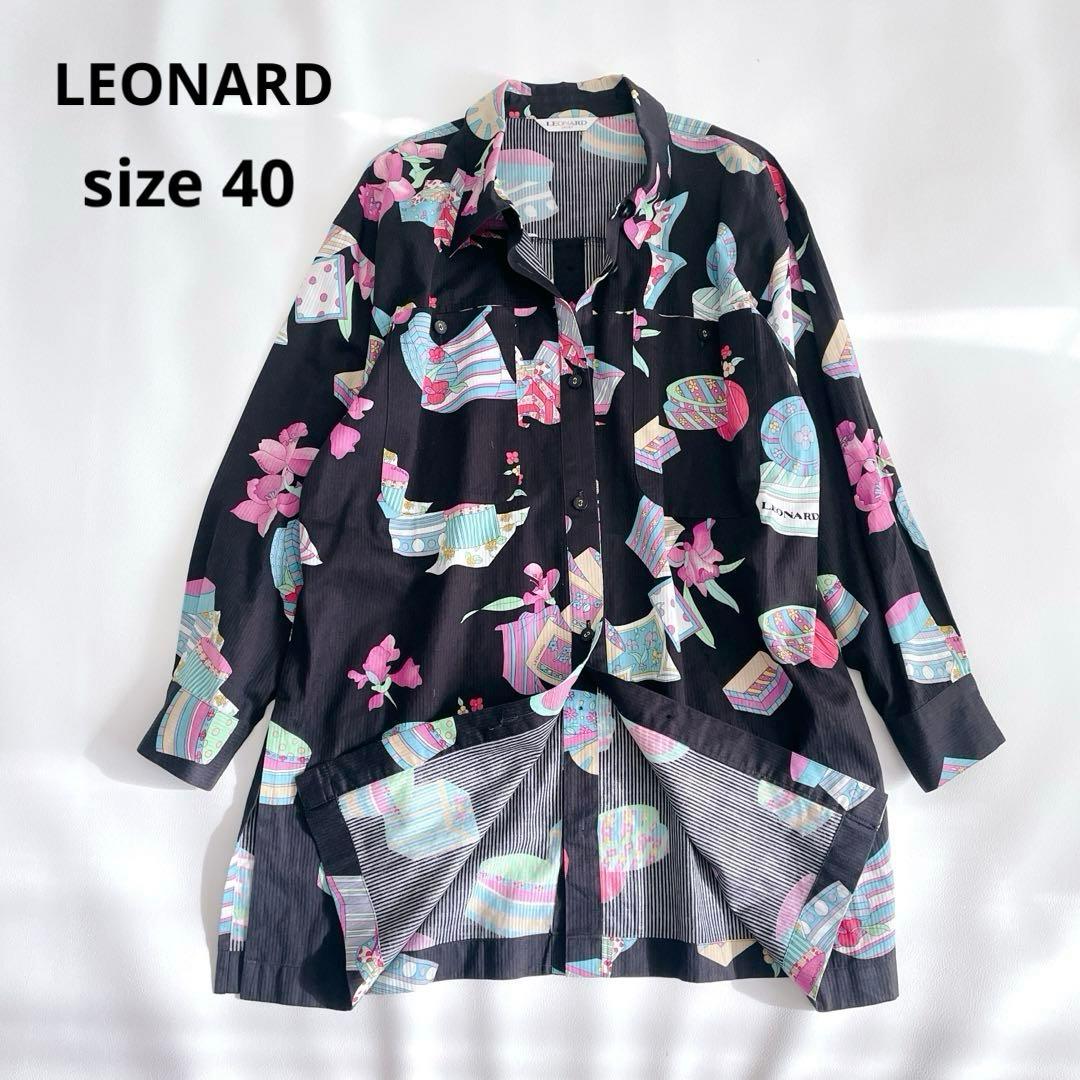 美品✨ LEONARD レオナール 長袖シャツ 総柄　日本製　サイズ40 黒　花 ☆LEONARD☆レオナールスポーツ 花柄 魚柄 長袖カットソー サイズ40