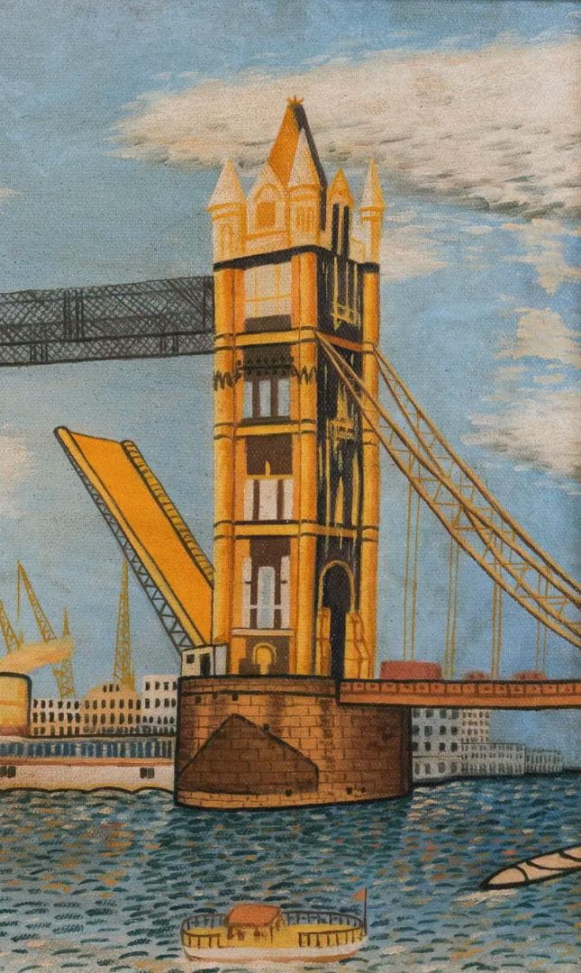 山下清 油彩 肉筆『ロンドンのタワーブリッジ』表と裏サイン F8号 額装