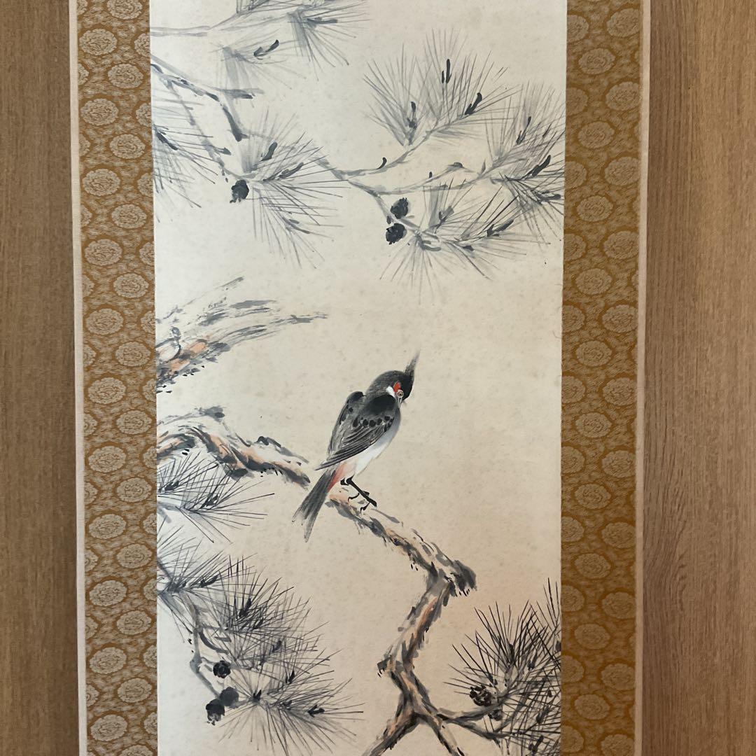 秋 香 筆 絹本淡彩画 題目 【 松 に 小 禽 図 ふ老小禽 共箱】