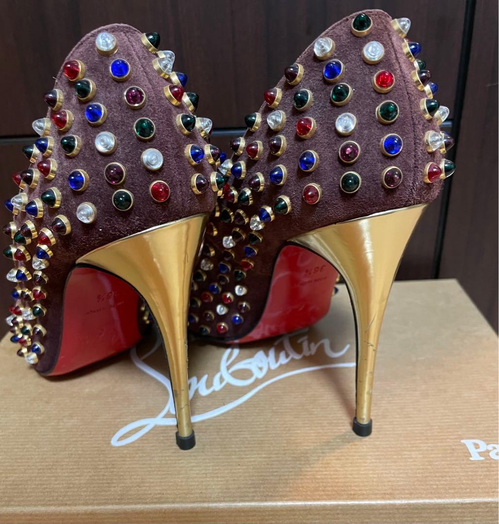 クリスチャンルブタン カラフルマルチスパイク スエードレザーパンプス
