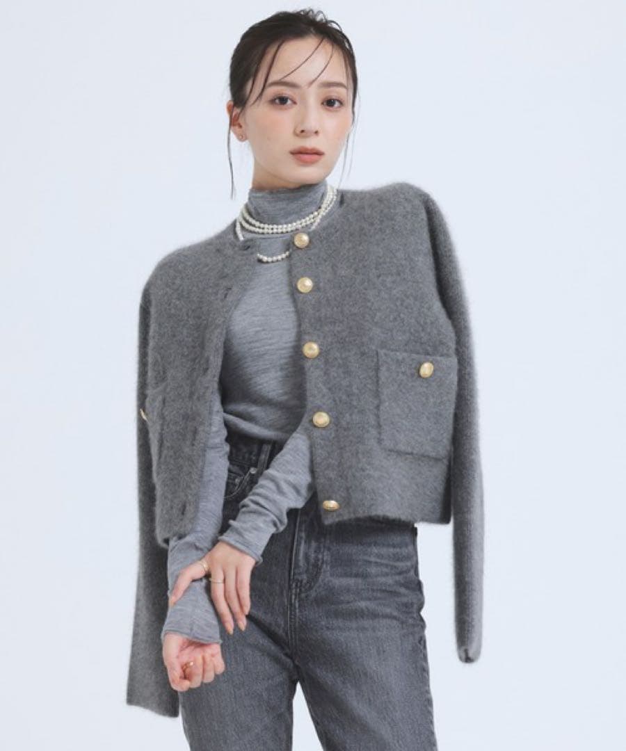 anuans ラクーンブレンドノーカラーニットジャケット　グレー