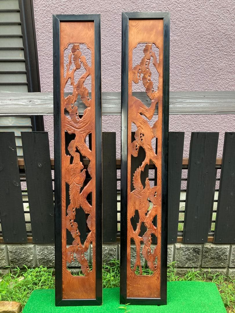 【 重厚年代物】欄間✨松と鷹✨2枚組