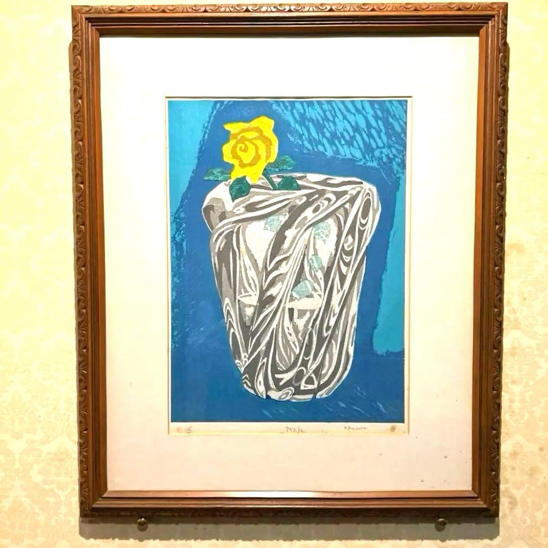 木版画 (クリスタル)花瓶とバラM.Maeda