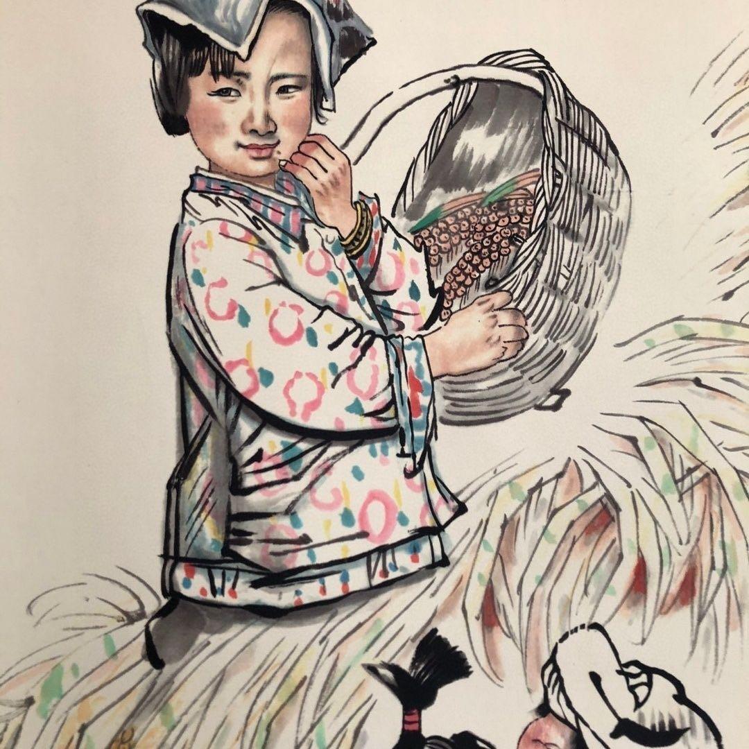 劉文西 人物画 掛け軸 中国画 三尺中堂 中国美術 水墨人物図 174×77cm