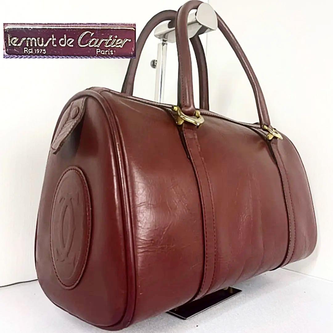 美品】cartier マストライン ミニボストンバック ロゴ刻印 ボルドー