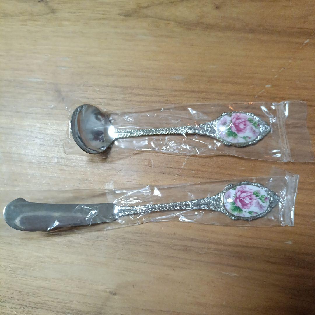 新品未使用】バターナイフ＆シュガースプーンセット花柄 昭和レトロ