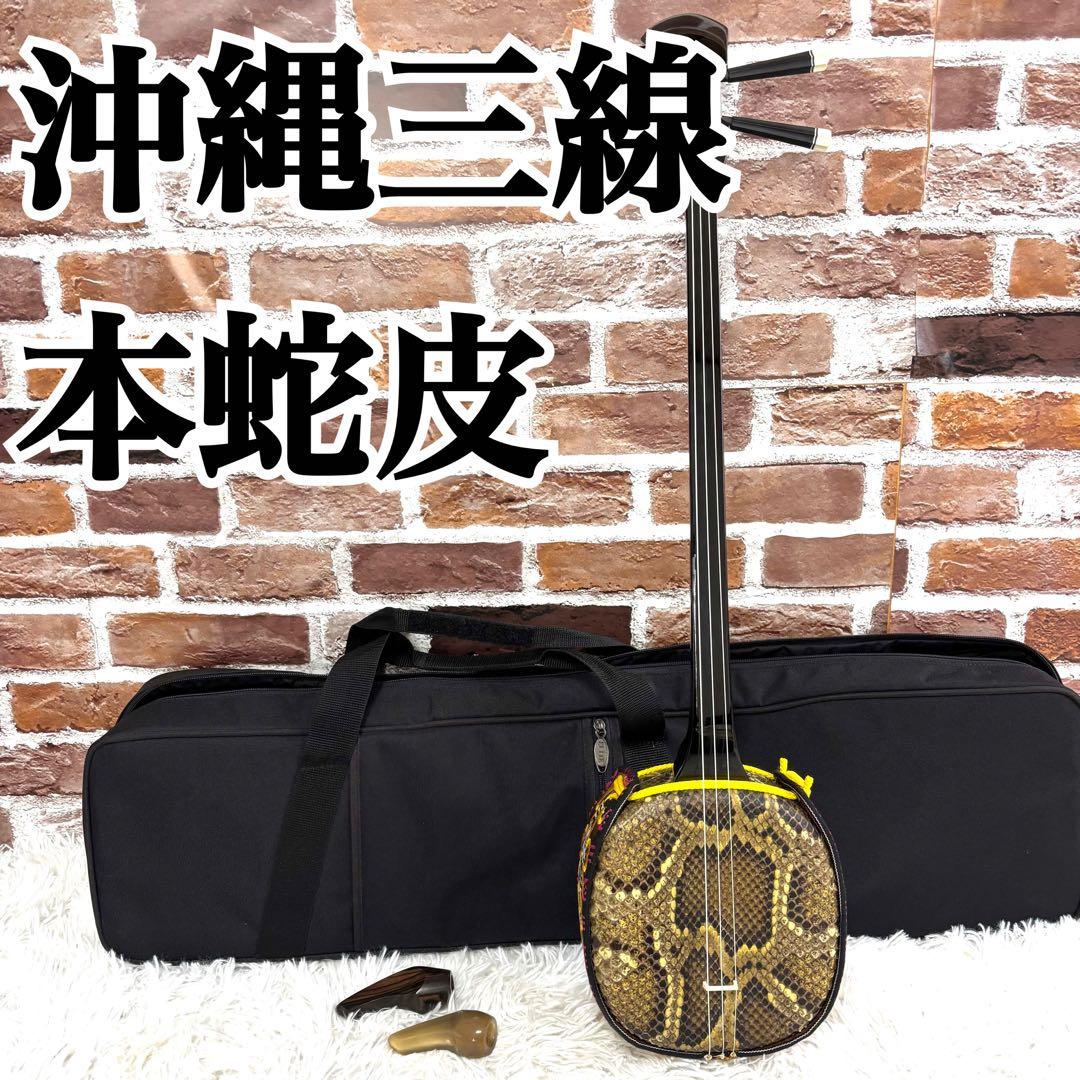 ✨美品✨沖縄 三線 真壁型 本蛇皮 黒漆 三味線 爪 ケースリュック 演奏可能