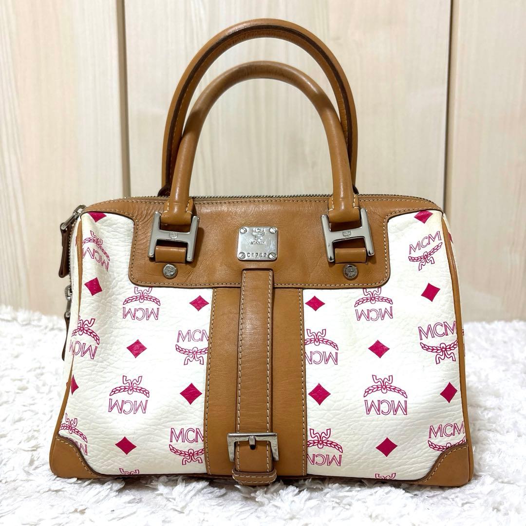 MCM ミニボストンバッグ ホワイト/ベージュ/ ピンク