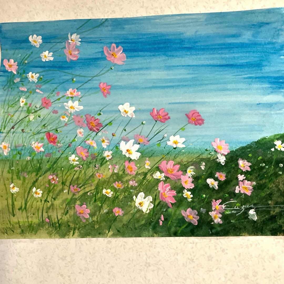 コスモス水彩画 爽やかな秋 ニスでコーティング - メルカリ