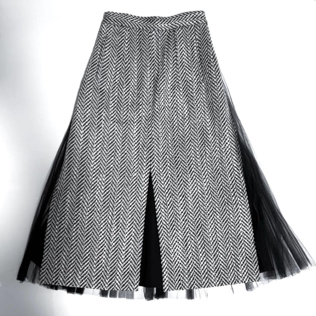 希少 SHE Tokyo ツイード チュール フレア スカート プリーツ 異素材