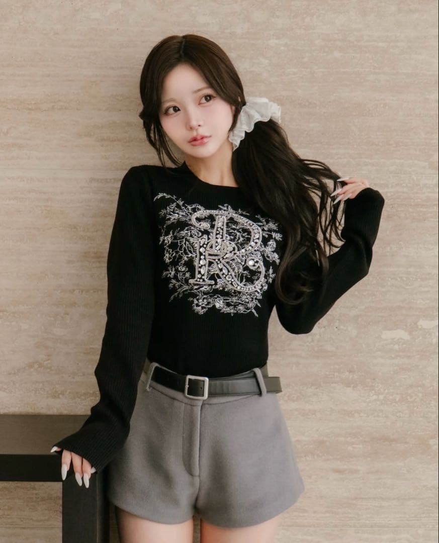 Darich ダーリッチ DRビジューフラワーリブニットトップスブラック