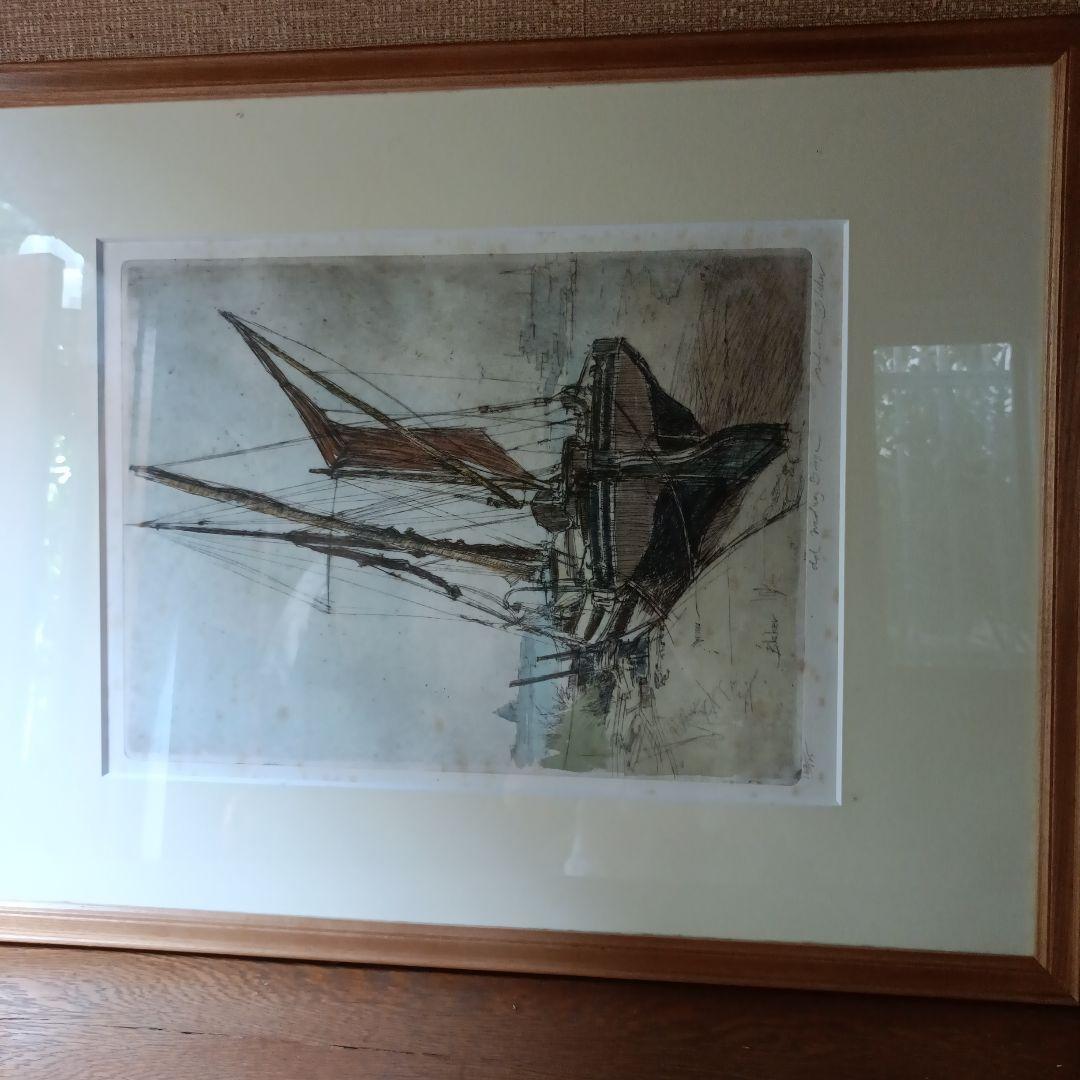 船のリトグラフ 木製フレーム付き