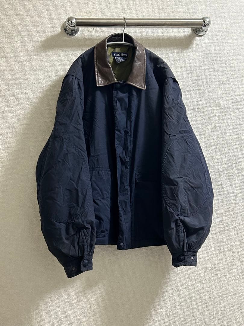 Nautica ノーティカ　襟レザー　ブルゾン　ジャケット　M ネイビー　古着