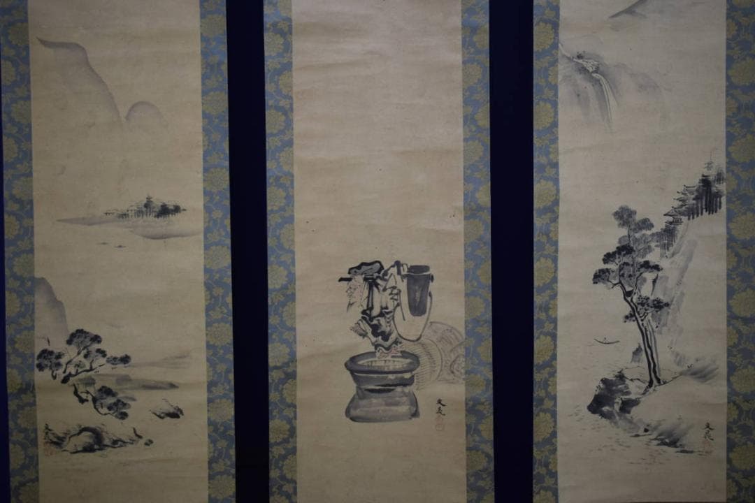 模写/谷文晁/寿老人山水図/絹表装/三幅/布袋屋掛軸HG-37