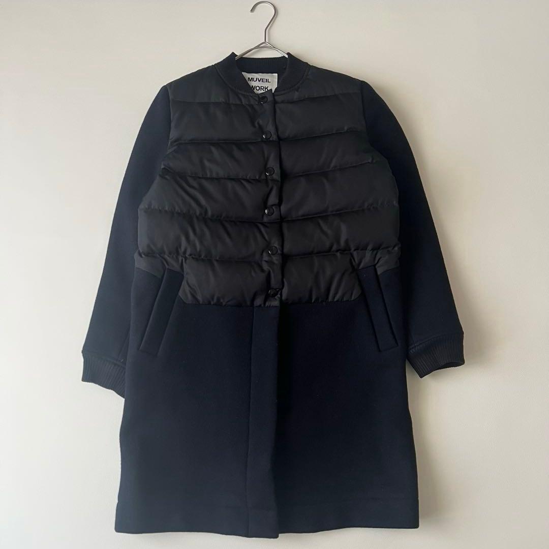 MUVEIL 異素材切替 ダウンコート ノーカラー ブラック ウールコート