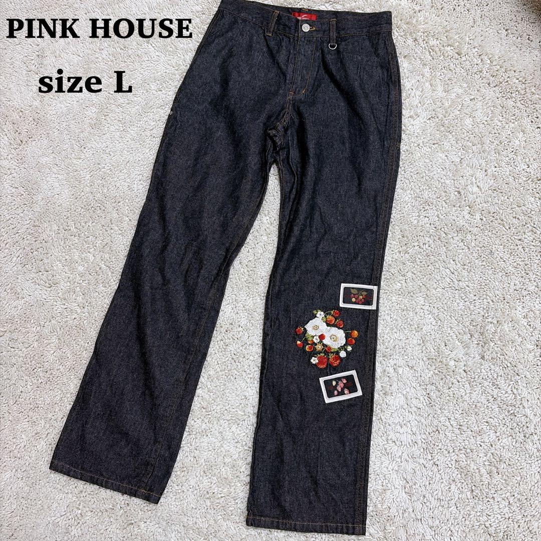 極美品✨ピンクハウス ストレート デニムパンツ 苺 刺繍 ワッペン ブラック L