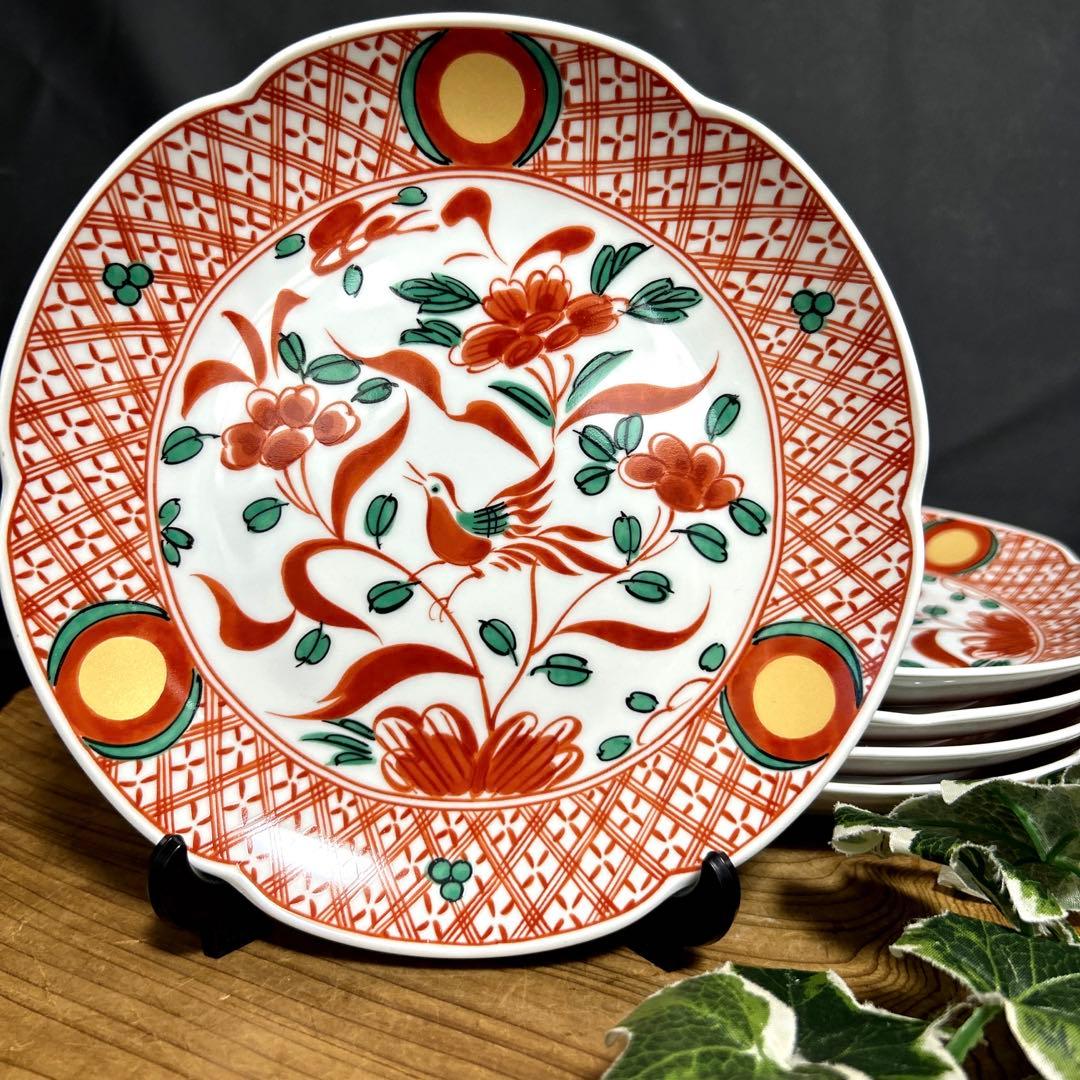 新品 平安橘吉 たち吉 呉須赤絵 花鳥絵図 金彩丸紋 輪花中皿 和皿 銘々