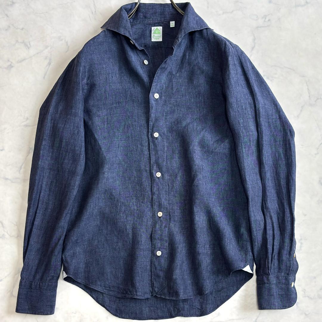 フィナモレ リネン ホリゾンタルカラー 長袖シャツ ネイビー サイズS tw2