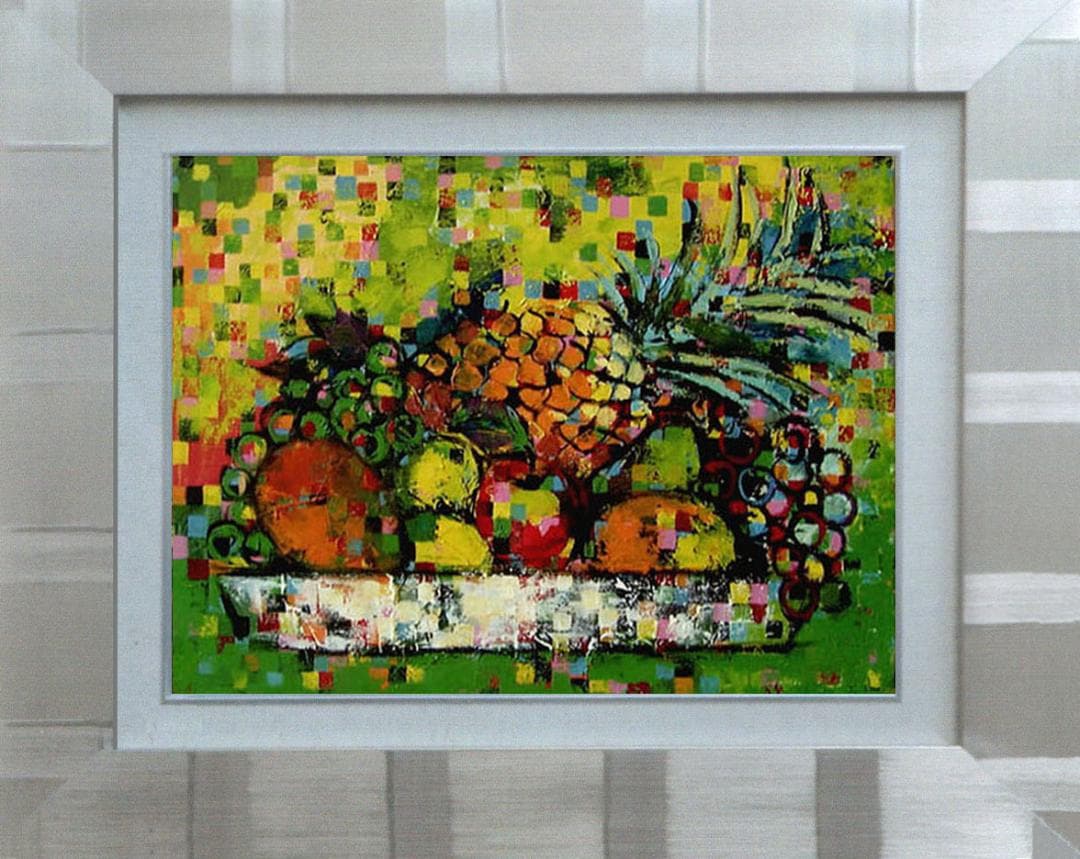 メルカリ 絵画絵 額付き (銀）油絵uF6-061103静物（フルーツ）