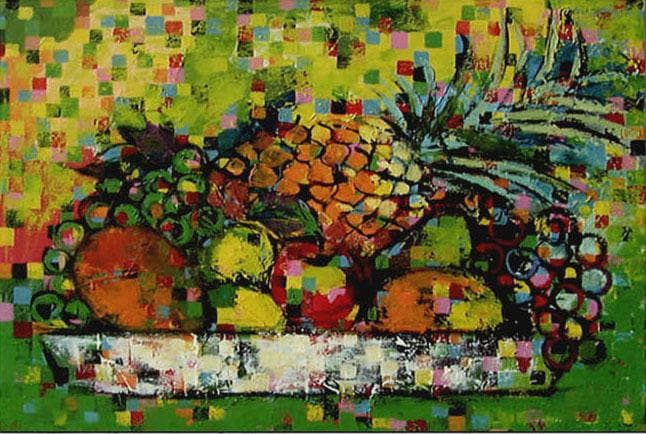 メルカリ 絵画絵 額付き (銀）油絵uF6-061103静物（フルーツ）