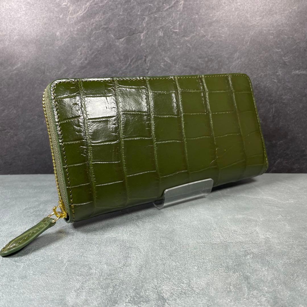 新品 クロコダイル 長財布 グリーン オリーブ 緑色 現物撮影 ゴールド