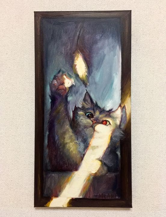猫 猫じゃらし 油絵 油彩手描き 原画 オリジナル