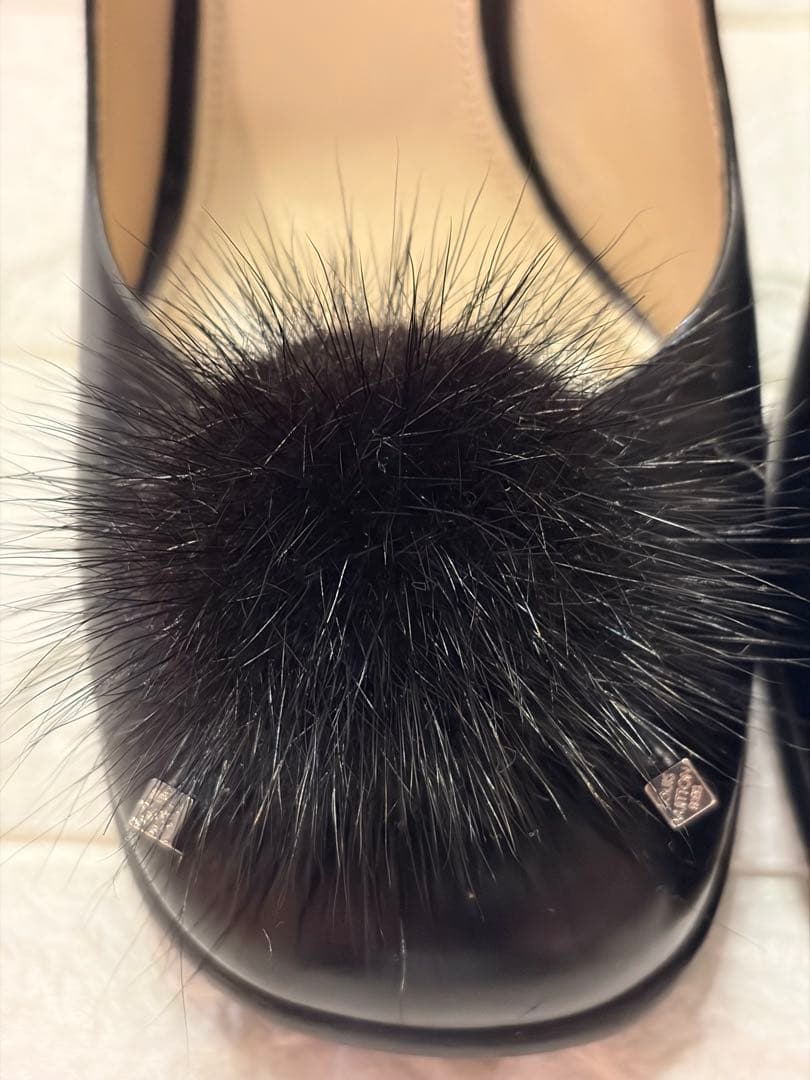 #LOUIS VUITTON ブラック レザーファー装飾ハイヒール#24.5cm