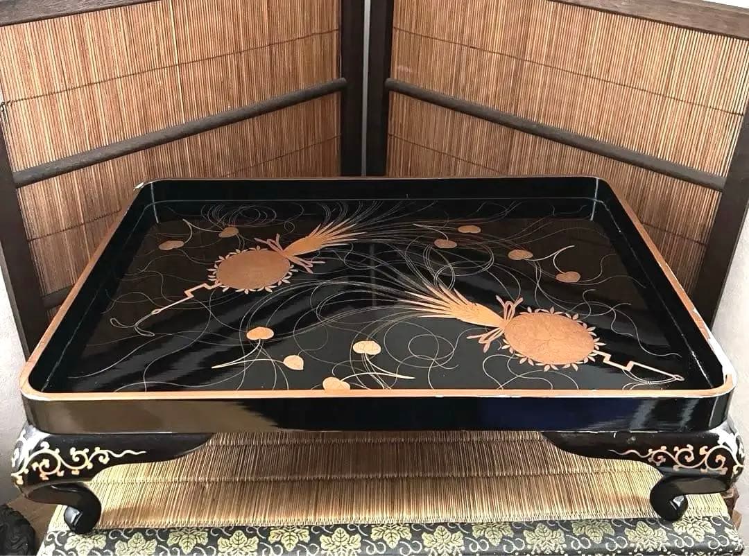 時代 金彩 蒔絵 祝い膳 黒塗り 裏 梨地 膳台
