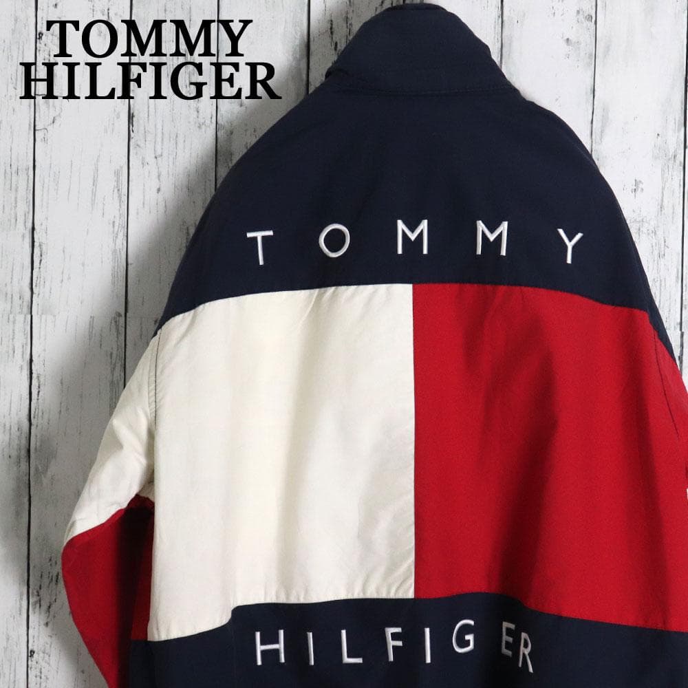 希少！９０s トミーヒルフィガー 背中ロゴ刺繍リバーシブルナイロンジャケット 希少！90s トミーヒルフィガー 背中ロゴ刺繍リバーシブルナイロン