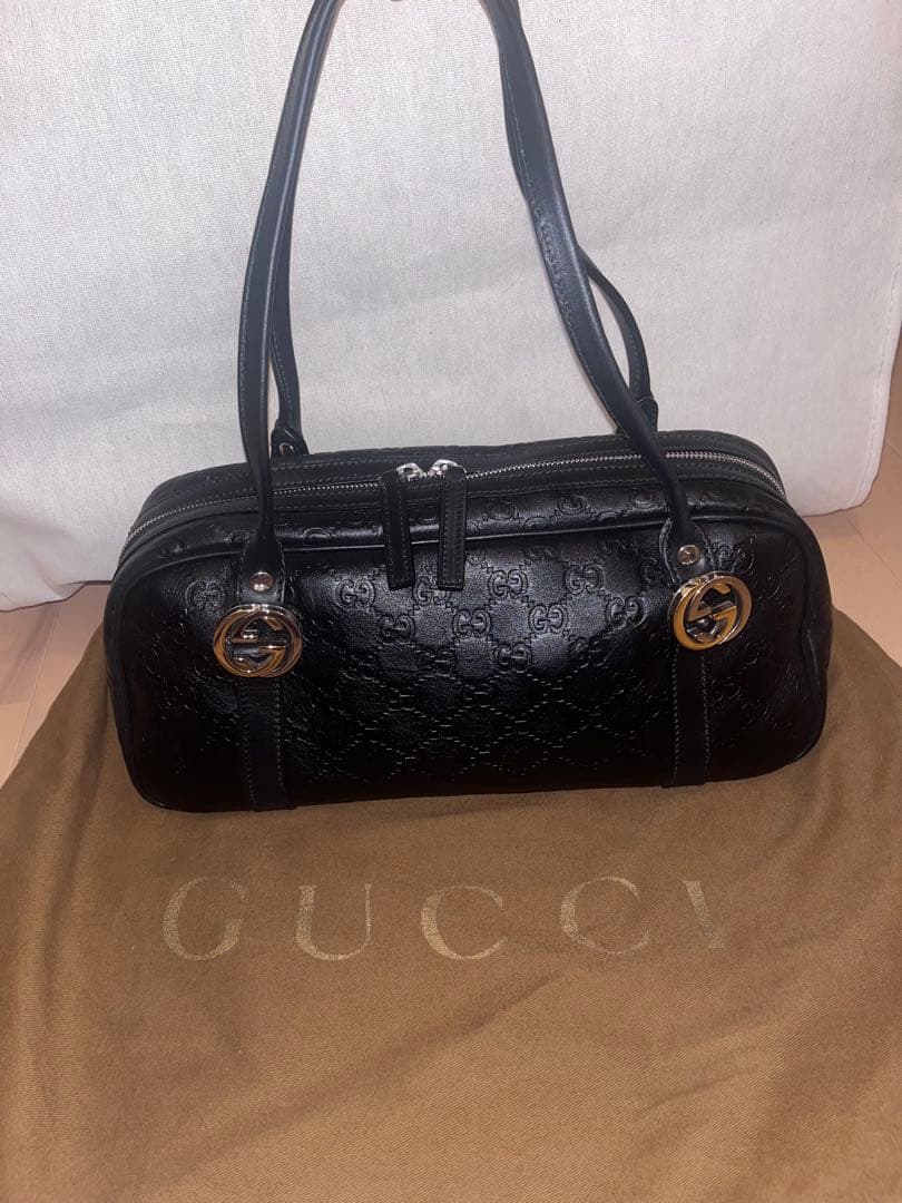 【美品】GUCCI グッチGGツインズ　ミニボストンバッグ　シマレザー ブラック
