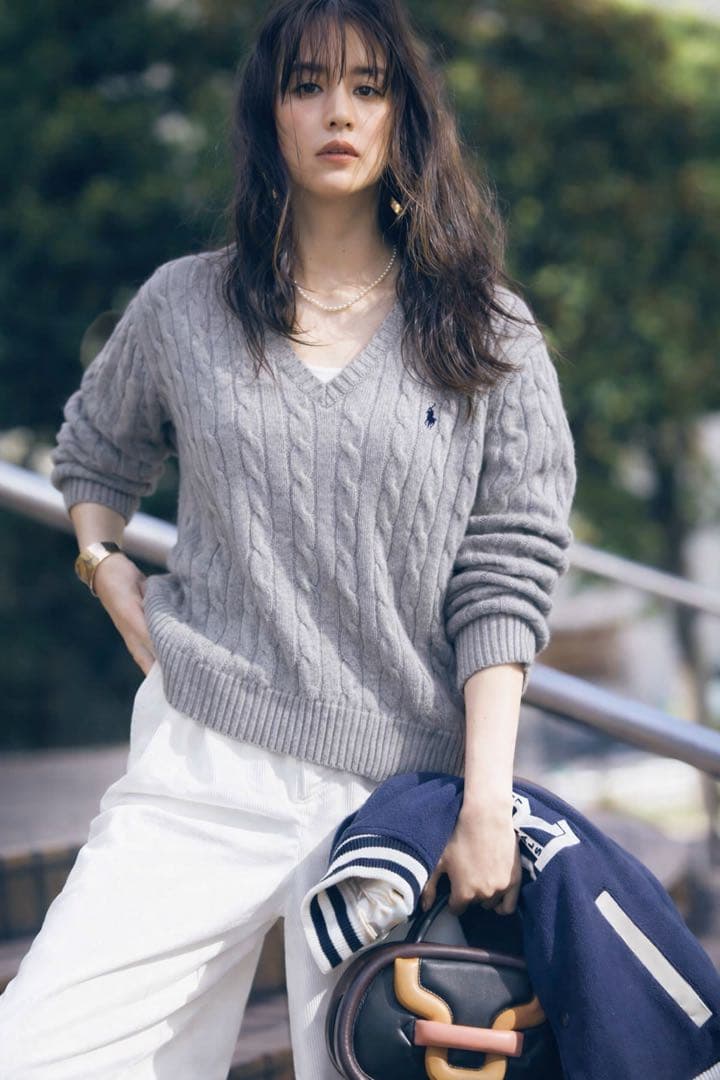 ラルフローレン Vネック ケーブルニット グレー Lサイズ POLO RALPH LAUREN ポロラルフローレン/ケーブルニット Vネック グレー