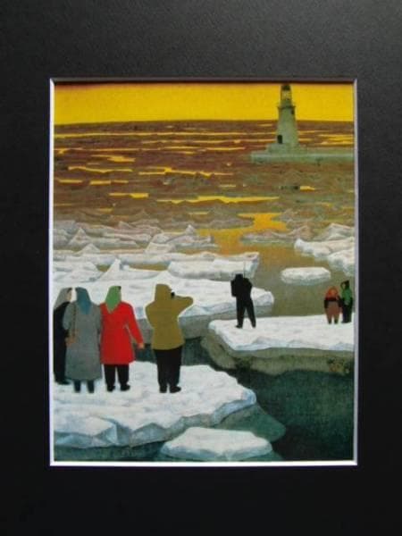 本間莞彩、【夕陽の北海】、希少な大判額装用画集より、美品、日本人画家