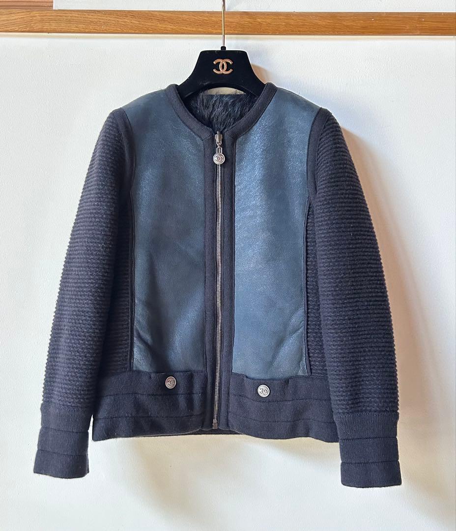 CHANELシャネル ブルゾン　リバーシブル　ラムスキンニット　ネイビー　34