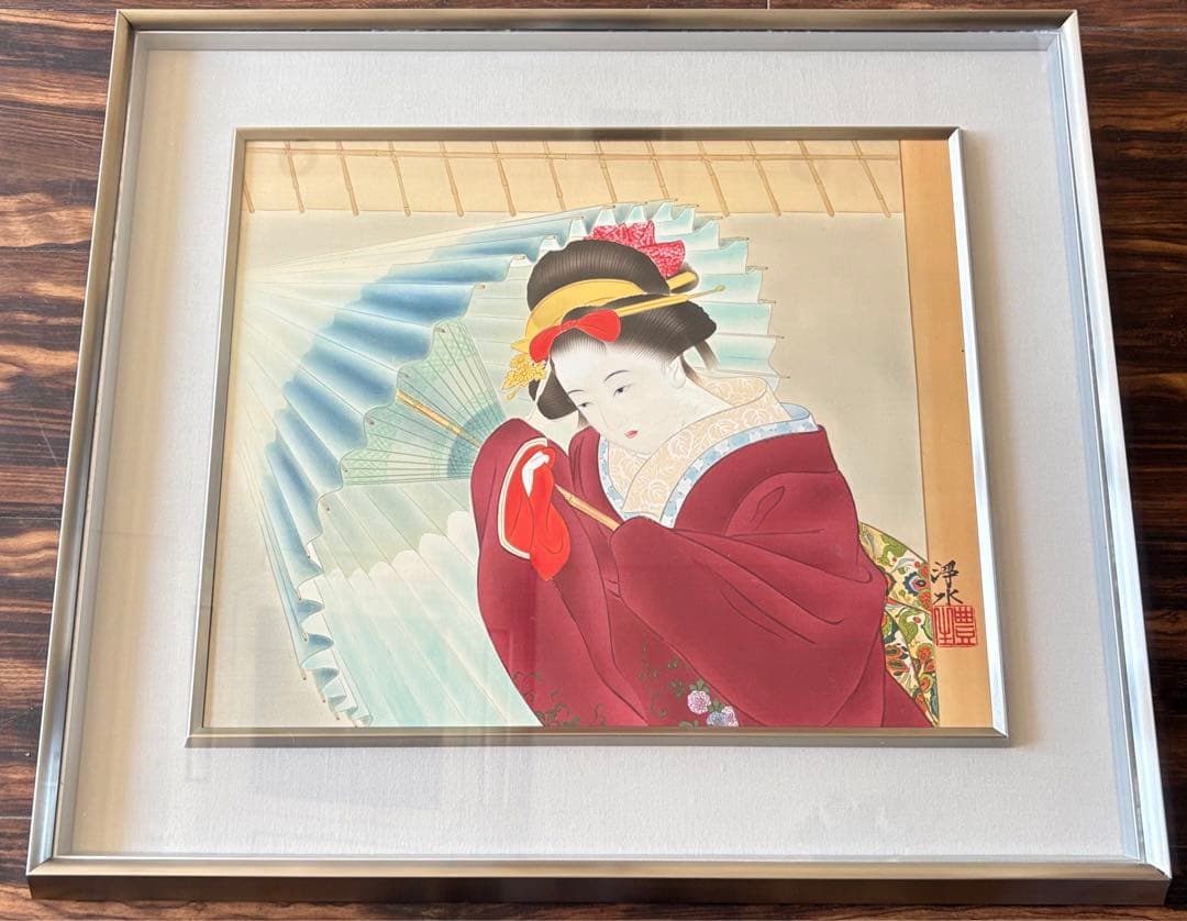 堀江浮水 (堀江豊生) 肉筆「雨乃日」額装 美人画 日本画 A