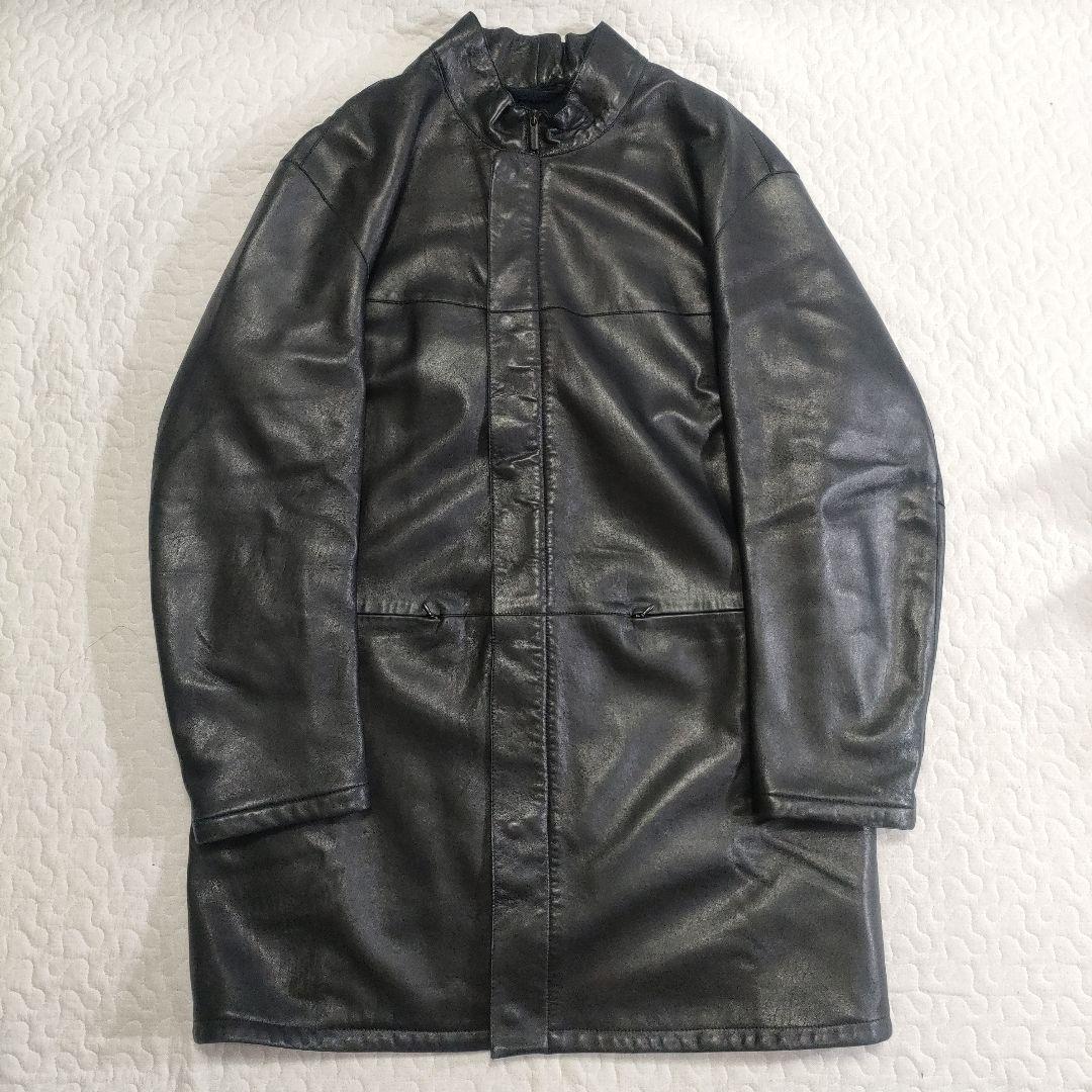ジョルジオアルマーニ　ラムレザーロングコート　スタンドカラー　黒　52