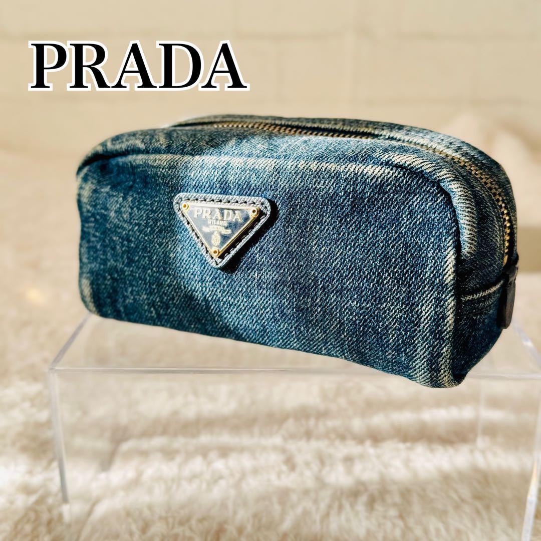 PRADA デニムポーチ 三角ロゴプレート
