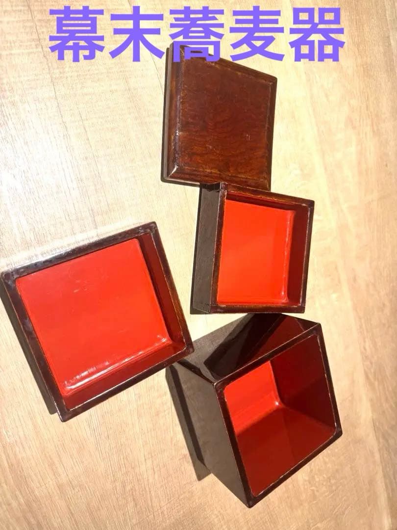 蕎麦好き粋人　欅3段重箱　茶道具　会席骨董品　木製漆器　幕末期〜明治期　古美術